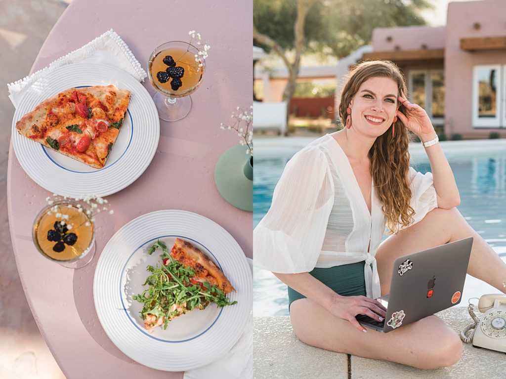 Danielle by pool and pizza for her california lifestyle brand photoshoot